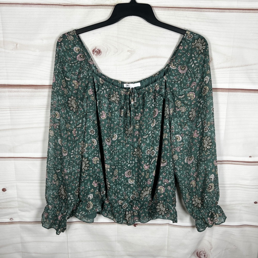 DR2 Floral Peasant Blouse Womens XXL Green Long Sleeve Smocked Elastic Neck Boho